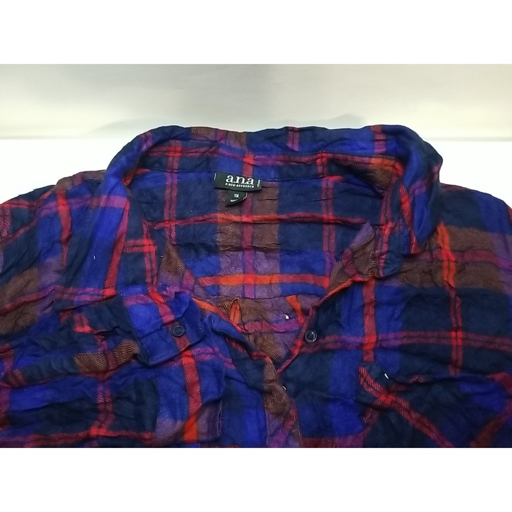 ANA A New Approach Womens Plaid Flannel Button Up Shirt Blue Red 1X Long Sleeve